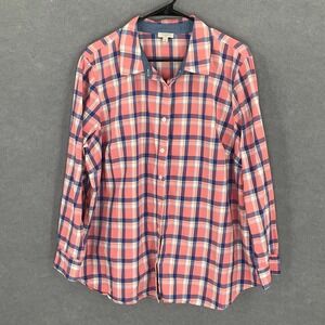 Talbots Plus Size 2X‎ Pink Blue Plaid Cotton Button Down Long Sleeve Shirt
